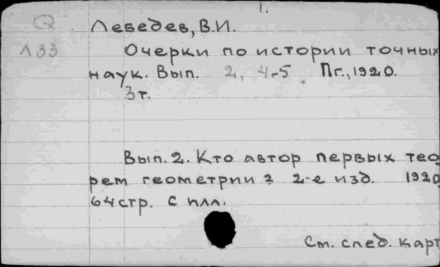 ﻿Ае.Бе'&е?,) В.И.
Оче^ркчл по истории точи нлуи,- Вьш. ~>Ъ Пг.^эЗцО.
Ът.
Ьып. 2^. 14»то г*е>тор Пе.ре,ь1*.
(о-ч стр. С ьлл.